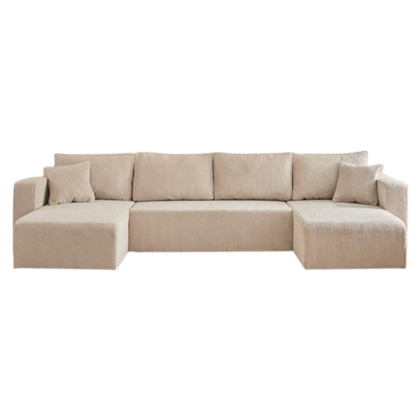 Canapé Panoramique Topaze en U, 7 Places, Convertible, Velours Côtelé Beige