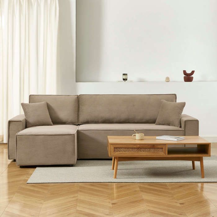 Canapé d'angle convertible et réversible ZOLA 4 places en velours côtelé taupe