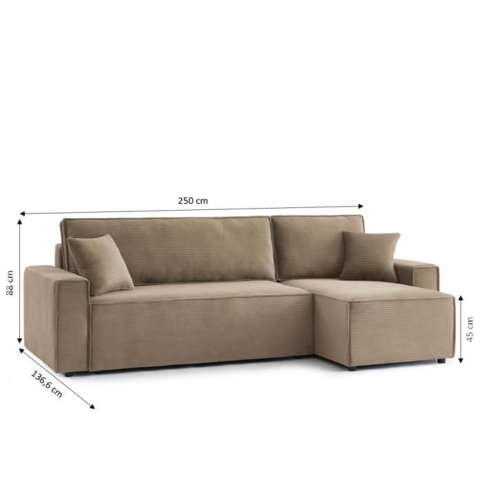 Canapé d'angle convertible et réversible ZOLA 4 places en velours côtelé taupe