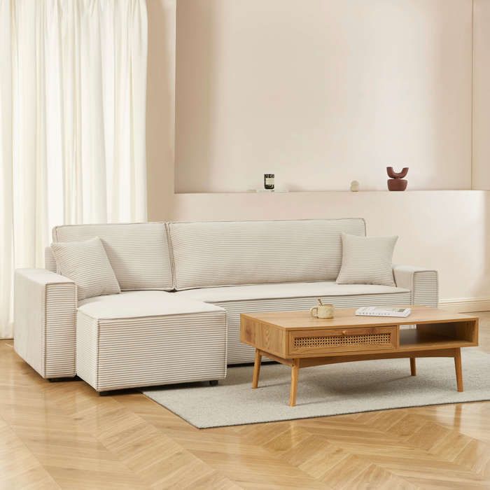 Canapé d'Angle Convertible et Réversible ZOLA 4 Places, Velours Côtelé Beige Luxueux