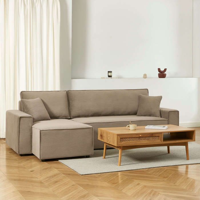 Canapé d'Angle Convertible et Réversible ZOLA 4 Places Taupe Velours Côtelé
