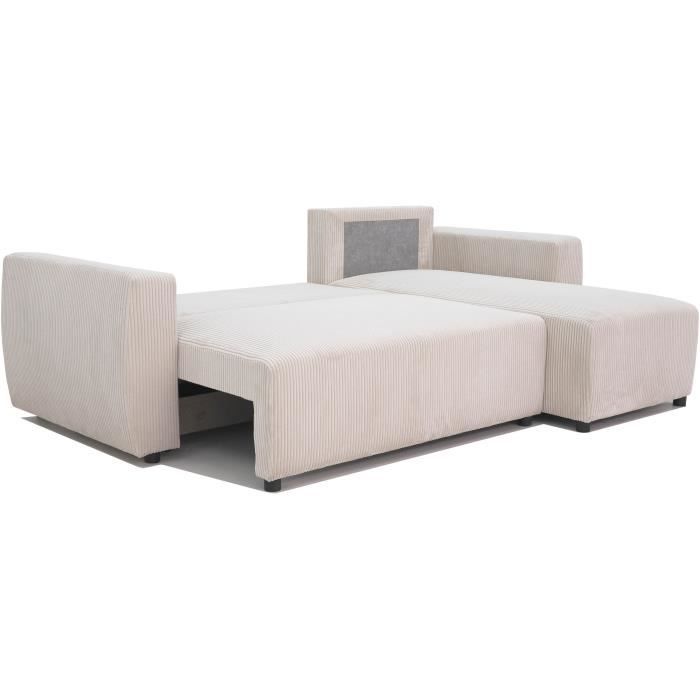 Canapé d'Angle Convertible et Réversible PHARELL 3-4 Places en Velours Côtelé Beige avec Coffre de Rangement Intégré