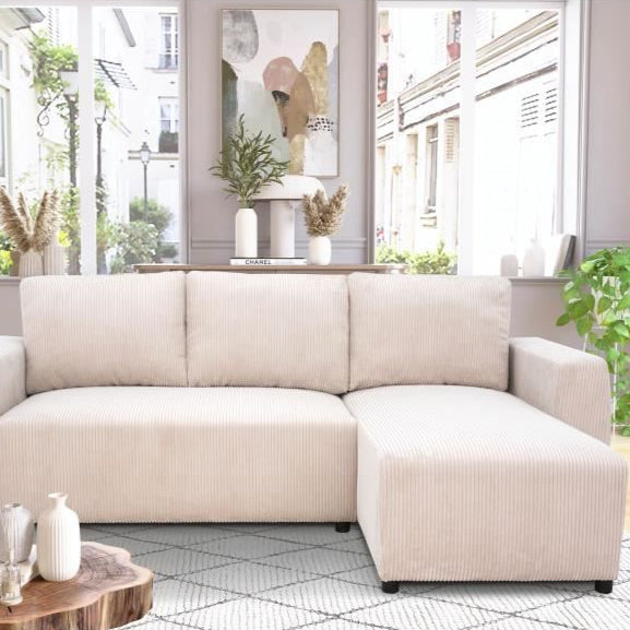 Canapé d'Angle Convertible et Réversible PHARELL 3-4 Places en Velours Côtelé Beige avec Coffre de Rangement Intégré