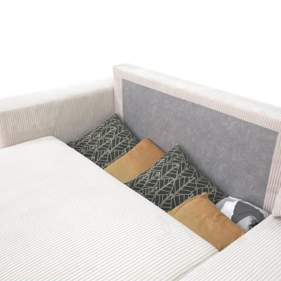 Canapé d'Angle Convertible et Réversible PHARELL 3-4 Places en Velours Côtelé Beige avec Coffre de Rangement Intégré