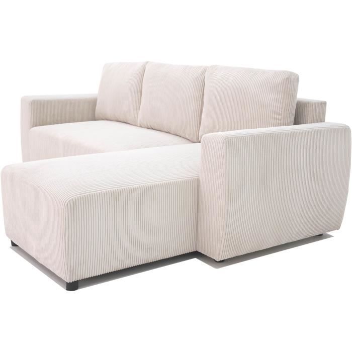Canapé d'Angle Convertible et Réversible PHARELL 3-4 Places en Velours Côtelé Beige avec Coffre de Rangement Intégré
