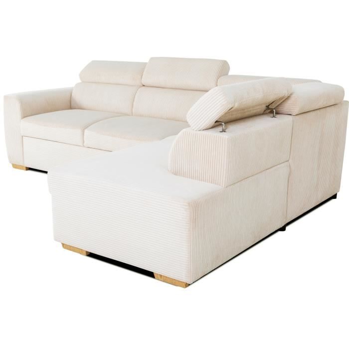 Canapé d'angle convertible réversible KELIO en velours côtelé beige, 4-5 places, 245x184x87cm