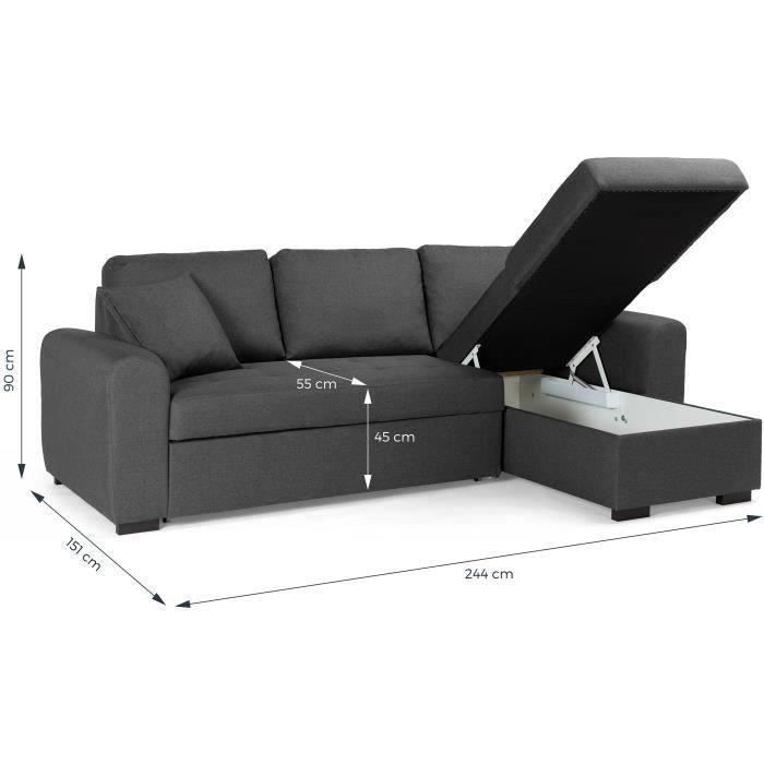 Canapé d'angle convertible réversible Hamilton 4 places, tissu gris, L 244 x P 151 x H 90