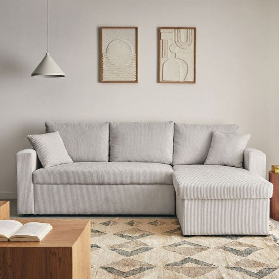 Canapé d'angle réversible Cyrus 4 places convertible coffre velours côtelé gris clair