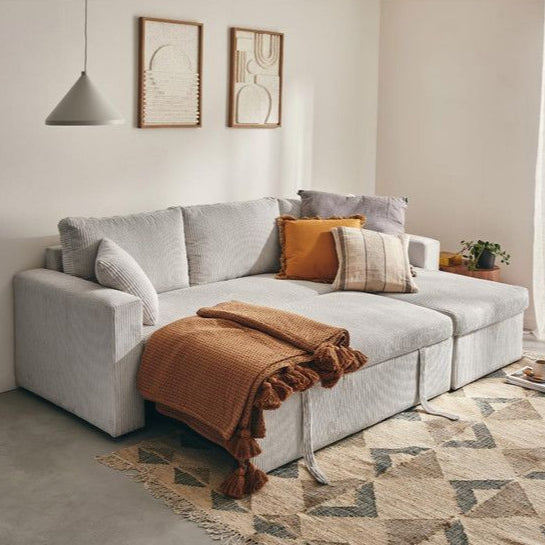 Canapé d'angle réversible Cyrus 4 places convertible coffre velours côtelé gris clair