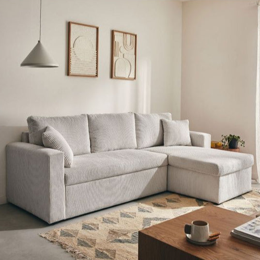 Canapé d'angle réversible Cyrus 4 places convertible coffre velours côtelé gris clair