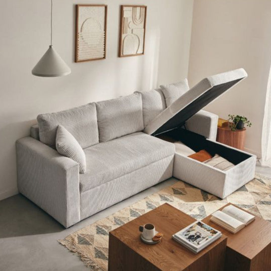 Canapé d'angle réversible Cyrus 4 places convertible coffre velours côtelé gris clair