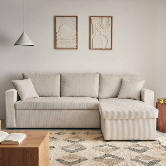 Canapé d'Angle Réversible Cyrus 4 Places Convertible Velours Côtelé Beige