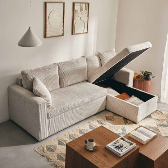 Canapé d'Angle Réversible Cyrus 4 Places Convertible Velours Côtelé Beige
