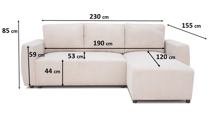 Canapé d'Angle Convertible et Réversible PHARELL 3-4 Places en Velours Côtelé Beige avec Coffre de Rangement Intégré