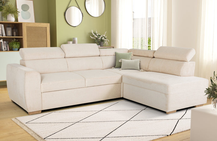 Canapé d'angle convertible réversible KELIO en velours côtelé beige, 4-5 places, 245x184x87cm
