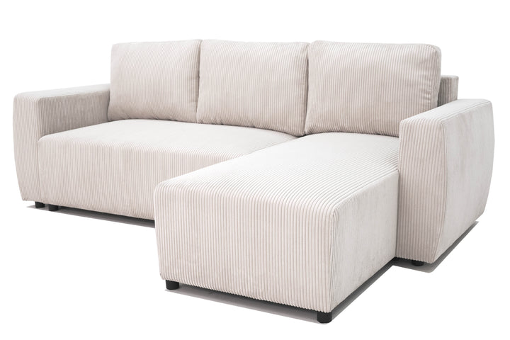 Canapé d'Angle Convertible et Réversible PHARELL 3-4 Places en Velours Côtelé Beige avec Coffre de Rangement Intégré