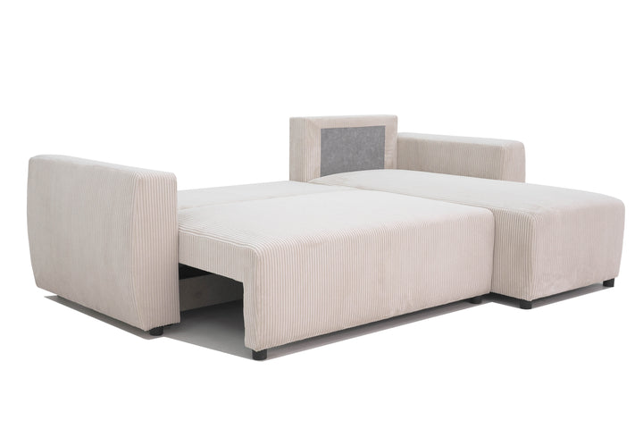 Canapé d'Angle Convertible et Réversible PHARELL 3-4 Places en Velours Côtelé Beige avec Coffre de Rangement Intégré