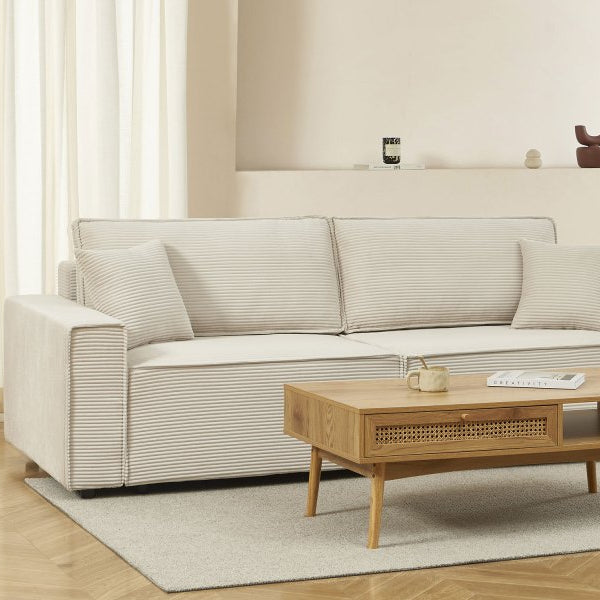 Canapé Convertible Zola 3 Places en Velours Côtelé Beige Ultra-Confortable